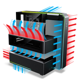 Diagrama de fluxo de ar compartimentado e efeito Air Curtain na Phanteks EX5