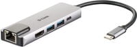 HUB USB D-Link USB-C Macho > 2 x USB 3.0 Tipo A Femea + 1 x HDMI + 1 Ethernet Gigabit + 1 x USB-C (at&eacute; 60W)