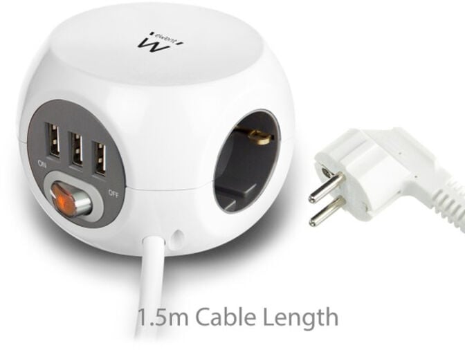 Cubo Ewent 3 Tomadas + 3 Portas USB 2.4A c/ Cabo 1.5 M Branco image number 2