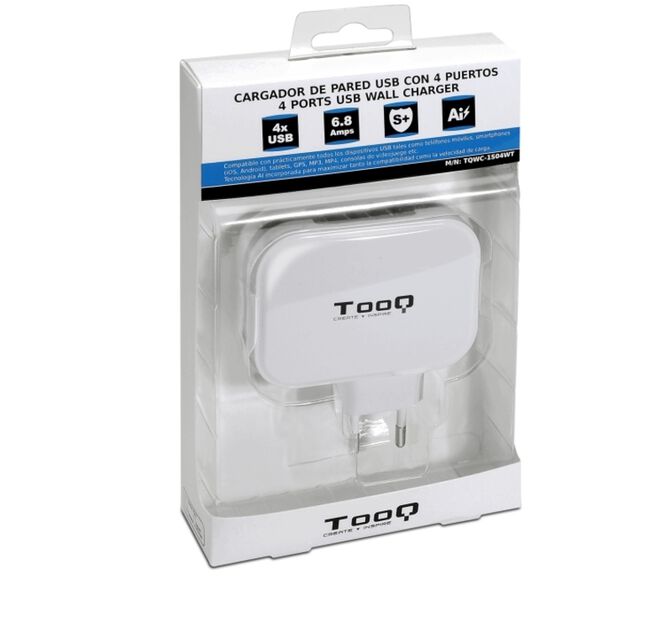 Carregador Tooq 4x USB 5V 6.8A com Controlo AI Branco image number 2