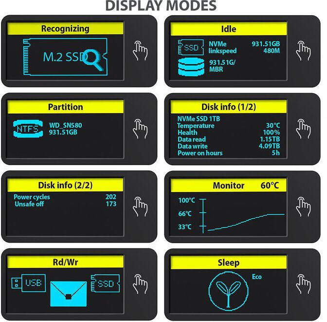 Caixa Externa AXAGON EEM2-SD2 para M.2/SSD C/ Display USB-C 3.2 Gen2 - Silver image number 3