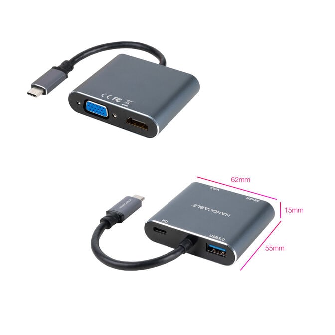 Adaptador Nanocable USB-C > HDMI + VGA + USB3.0 + USB-C (PD 60W) 15CM Cinzento Compat&iacute;vel c/ Thunderbolt 3 image number 2