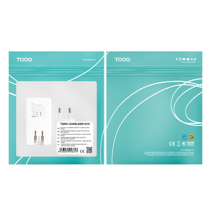 Carregador Tooq GaN USB-C/PD+USB-A/QC 65W, Branco image number 8