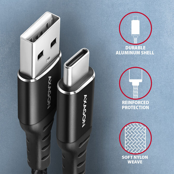 Cabo de carregamento AXAGON BUCM-AM15AB USB-C  <-> USB-A, 1.5m, USB 2.0, 3A, ALU, braid, Preto image number 2