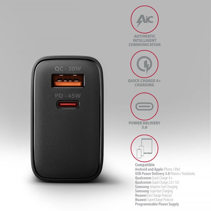 Carregador de parede AXAGON ACU-PQ45 QC3.0,4.0/AFC/FCP/PPS/Apple + PD type-C 45W Preto image number 1