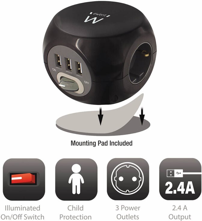 Cubo Ewent 3 Tomadas + 3 Portas USB 2.4A c/ Cabo 1.5 M Preto image number 2