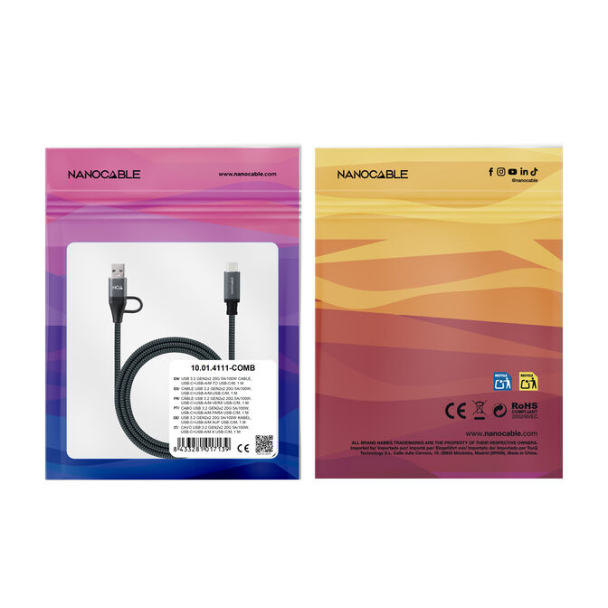 Cabo USB 3.2 Gen2x2 Nanocable 20Gbps 5A/100W 4K/60HZ USB-C M/USB-A/M 3 M Cinzento/Preto image number 6