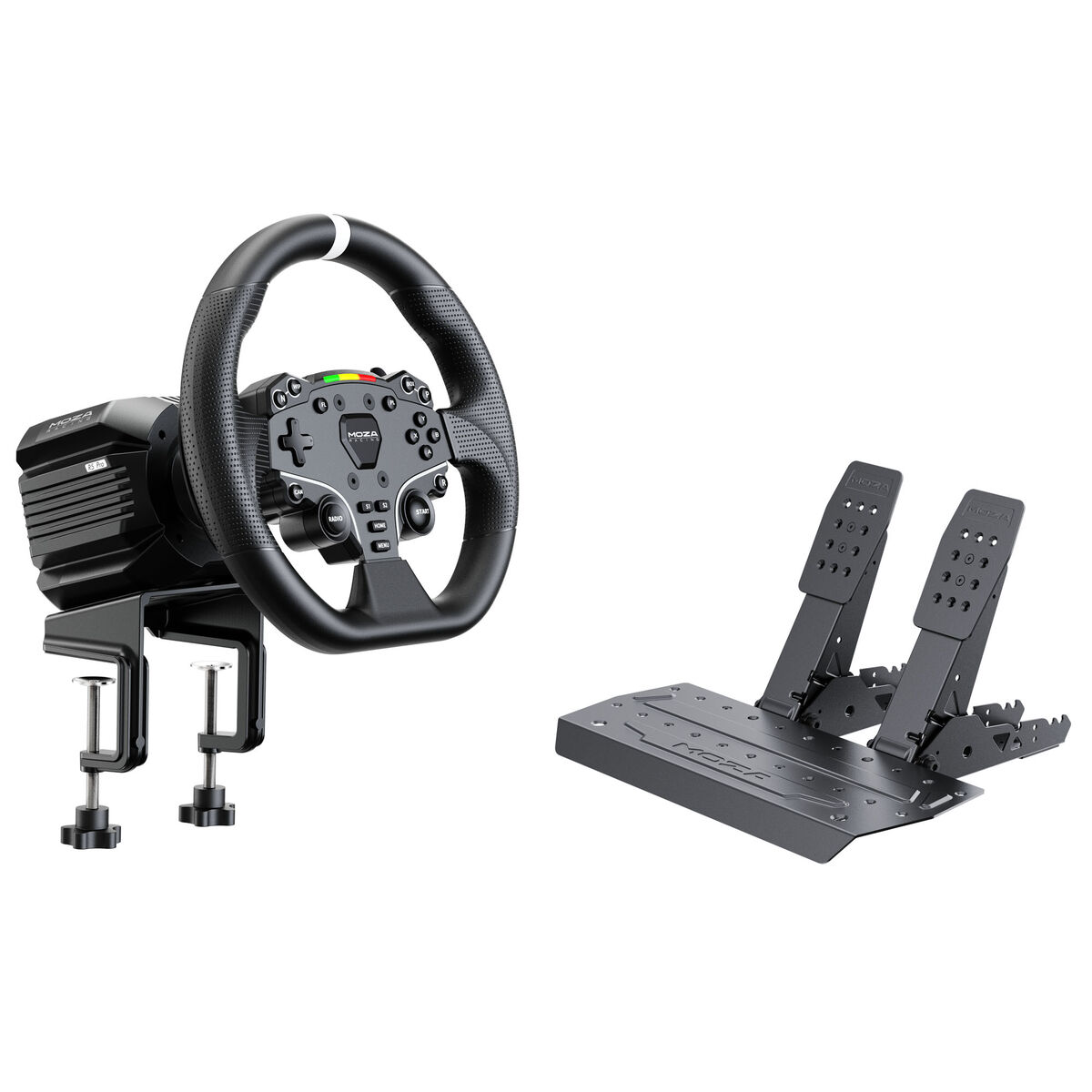 Conjunto MOZA Racing R5 Pro ( Base Volante Direct Drive R5 Pro + Volante ES + Pedais SR-P Lite2 + Suporte de Mesa R5)