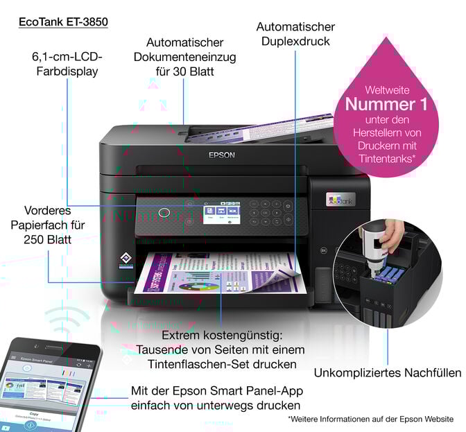 Impressora Multifun&ccedil;&otilde;es a Jato de Tinta Epson EcoTank ET-3850 Wi-Fi image number 19