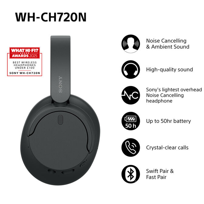 Auscultadores Sem Fios Sony WH-CH720 Bluetooth ANC Pretos image number 1