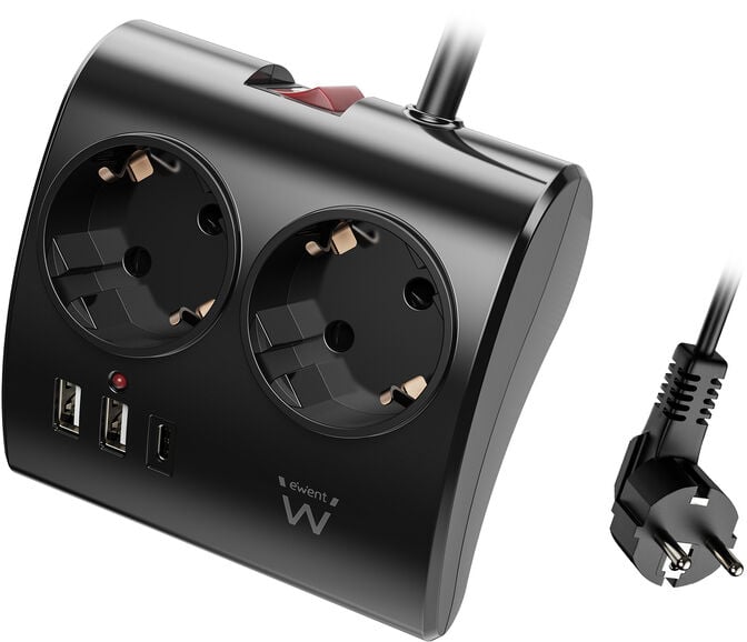 Tomada Ewent EW3871 Desktop Power Strip 2 Tomadas Schuko 16A + 2 USB-A + 1USB-C 1.5m Preta image number 0
