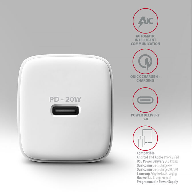 Carregador de parede AXAGON ACU-PD20W, 1 porta (USB-C), PD3.0/PPS/QC4+/AFC/Apple, 20 W, Branco image number 2