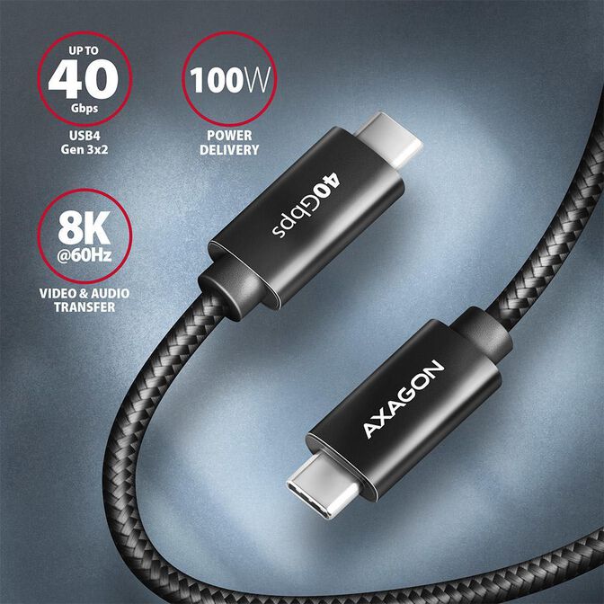Cabo de carregamento AXAGON BUCM432-CM10AB USB-C <-> USB-C, USB4 Gen 3&times;2, 1m, PD 100W, 8K HD, ALU, braid, Preto image number 1