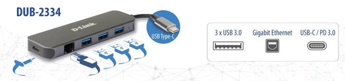 HUB USB D-Link USB-C Macho > 3 x USB 3.0 (SS) + 1 x USB-C (Thunderbolt 3) (PD60W) + 1 x RJ45 image number 2