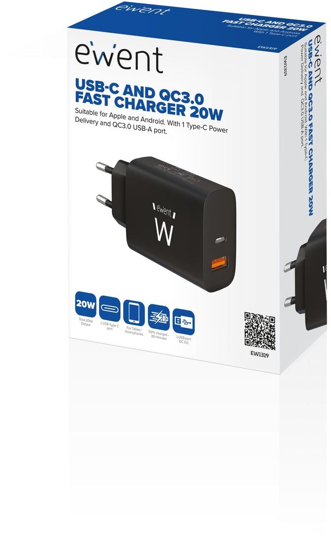Carregador Ewent EW1319 USB-C/USB-A Fast Charger 20W Preto image number 3