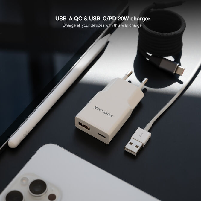 Carregador Nanocable USB-C/PD + USB-A/QC 20W, Branco image number 2