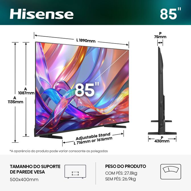 Televis&atilde;o Hisense 85E7S 85" QLED UltraHD 4K VIDAA image number 1