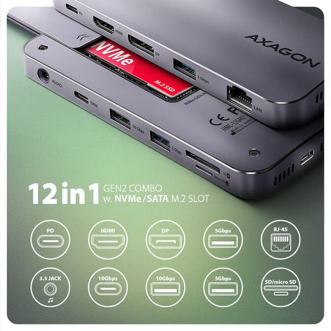 Multiport-Hub AXAGON HMC-12GM2 USB-C 3.2 Gen 2 hub w. M.2 SATA/NVMe + HDMI + DP + 3x USB-A + USB-C + RJ-45 + SD/mSD + audio + PD 100W image number 1