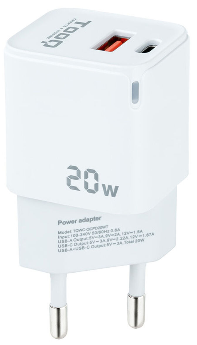 Carregador Tooq USB-C/PD 20W + USB-A/QC 20W Branco image number 0