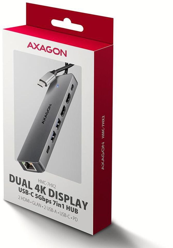 Multiport-Hub AXAGON HMC-7HX2 USB-C 3.2 Gen 1 hub, 2x USB-A + 1x USB-C, 2x HDMI 4K 60Hz, GLAN, PD 100W, 15cm USB-C cable image number 17