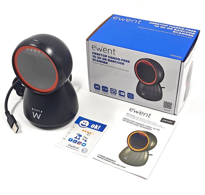 Leitor C&oacute;digo Barras Ewent EW3450 Desktop Hands-Free USB, 1D/2D/QR 360&ordm; Preto image number 4