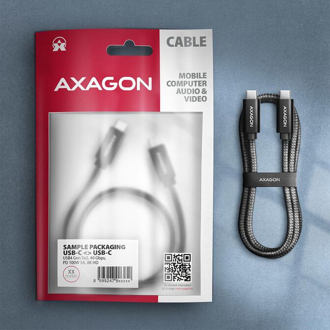 Cabo de carregamento AXAGON BUCM432-CM10AB USB-C <-> USB-C, USB4 Gen 3&times;2, 1m, PD 100W, 8K HD, ALU, braid, Preto image number 6