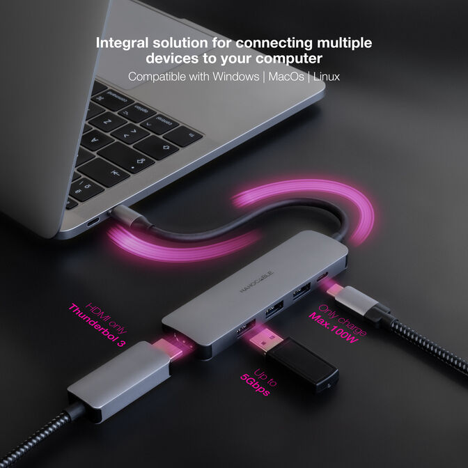 Hub Nanocable USB-C 3xUSB-A+USB-C CARGA+HDMI, Cinzento 18 CM image number 3