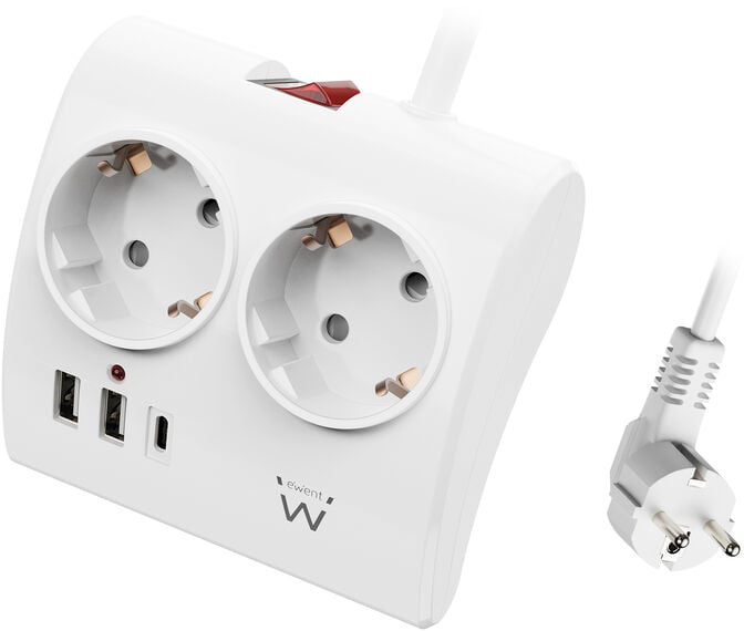 Tomada Ewent EW3870 Desktop Power Strip 2 Tomadas Schuko 16A + 2 USB-A + 1USB-C 1.5m Branca image number 0