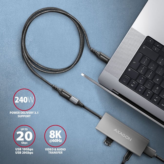 Extens&atilde;o AXAGON BUCM32-CF15AB USB-C <-> USB-C 3.2 Gen 2, 1.5m, 20 Gbps, ALU, braid image number 3