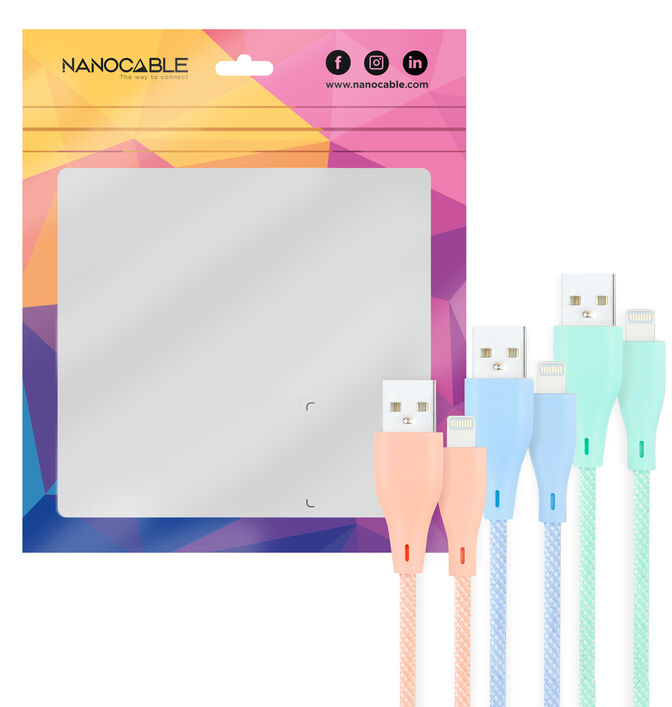 Cabos Lightning Nanocable Lightning > USB A/M Coiled 1M (Pack 3 Rosa, Azul e Verde) image number 0