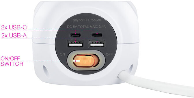 Tomada de 3 sockets com 4 USB's (2 USB A / 2 USB-C) s/ fios, c/ interruptor image number 2