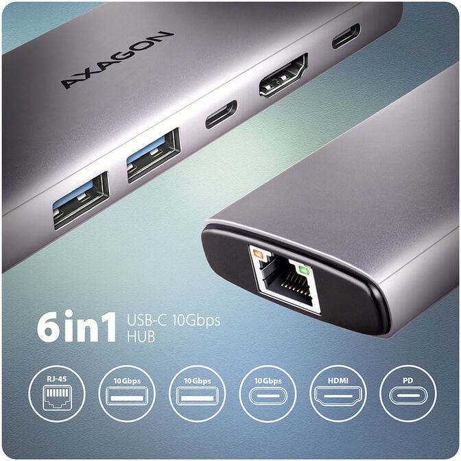 HUB USB-C AXAGON HMC-6G2L 2x USB-A 10Gbps, 1x USB-C 10Gbps, 4K/60Hz HDMI, RJ-45, USB 3.2 Gen 2 hub, PD 100W image number 1