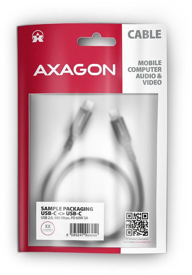 Cabo de carregamento AXAGON BUCM-CM20AB USB-C  <-> USB-C 2.0, 2m, PD 60W, 3A, ALU, braid, Preto image number 6