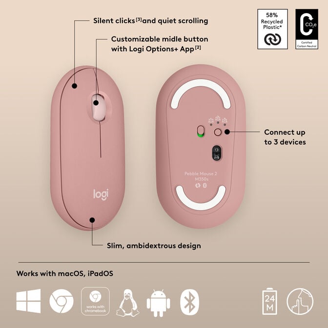 Rato Logitech Pebble 2 M350s Bluetooth Tonal Rose image number 6