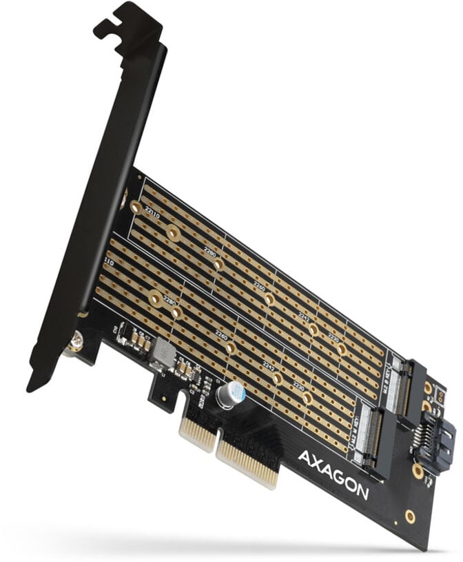 Adaptador PCIe-3.0 AXAGON PCEM2-D, 1x M.2-NVMe, 1x M.2-SATA com cooler passivo image number 0