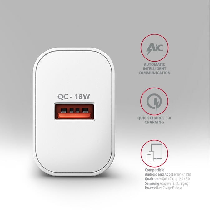 Carregador de parede AXAGON ACU-QC18W, 1 porta (USB-A), QC3.0/AFC/Apple, 18 W, Branco image number 2