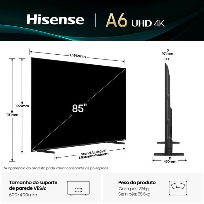 Televis&atilde;o Hisense 85A6Q 85" LED UltraHD 4K VIDAA image number 2
