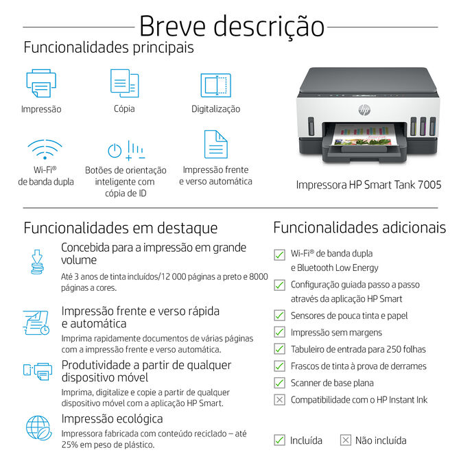 Impressora Multifun&ccedil;&otilde;es a Jato de Tinta HP Smart Tank 7005 All-in-One WiFi image number 4