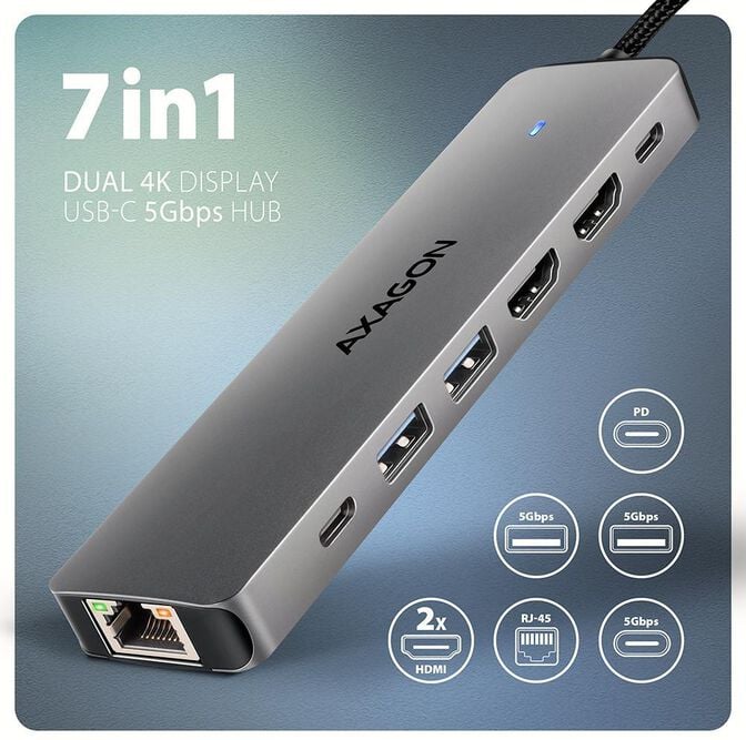 Multiport-Hub AXAGON HMC-7HX2 USB-C 3.2 Gen 1 hub, 2x USB-A + 1x USB-C, 2x HDMI 4K 60Hz, GLAN, PD 100W, 15cm USB-C cable image number 2