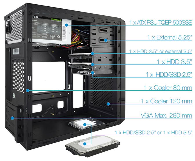 ** B Grade ** Caixa Micro-ATX Tooq C/ Fonte 500W + Leitor de cart&otilde;es + 2x USB 3.0 Preta image number 3