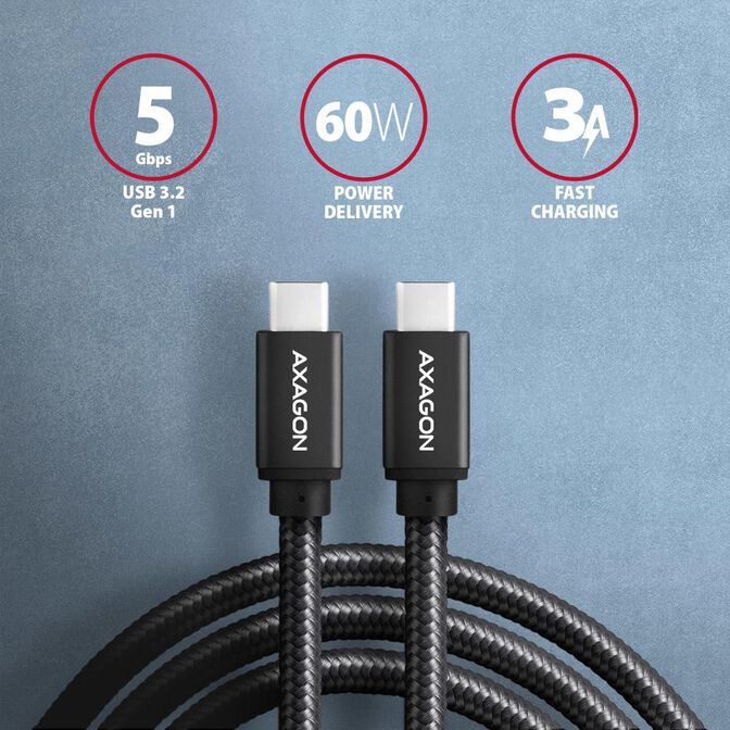 Cabo de carregamento AXAGON BUCM3-CM30AB cable USB-C  <-> USB-C 3.2 Gen 1, 3m, PD 60W, 3A, ALU, braid, Preto image number 1