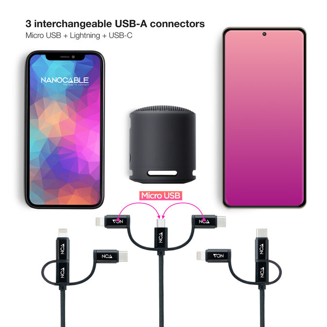 Cabo USB 3 em 1 Nanocable USB-A > 1x USB-C + 1x Micro-USB + 1x Lightning 1 M Preto image number 2