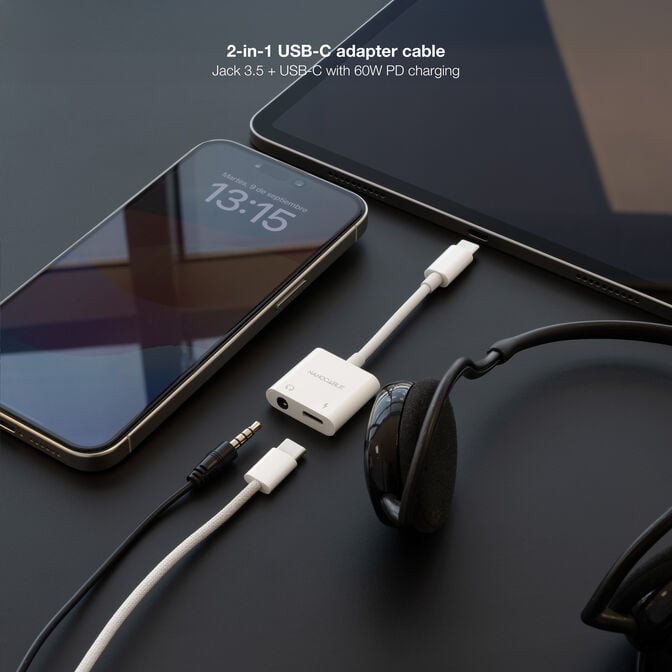 Cabo Adaptador Nanocable USB-C A JACK+USB-C/H PD 60W,Branco image number 2