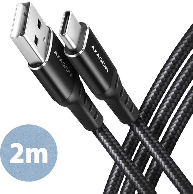 Cabo de carregamento AXAGON BUCM-AM20AB USB-C  <-> USB-A, 2m, USB 2.0, 3A, ALU, braid, Preto image number 0