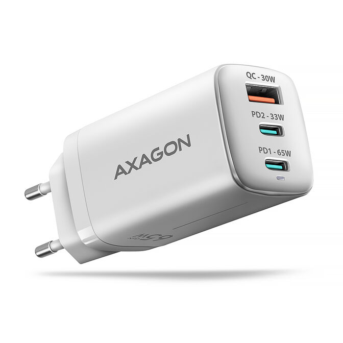 Carregador de parede AXAGON ACU-DPQ65, 3 portas (USB + USB-C duplo), PD3.0/QC4+/PPS/Apple, 65 W, Branco image number 0