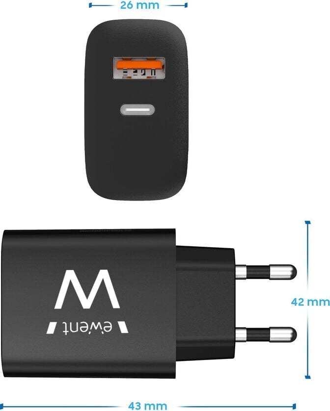 Carregador Ewent EW1319 USB-C/USB-A Fast Charger 20W Preto image number 2