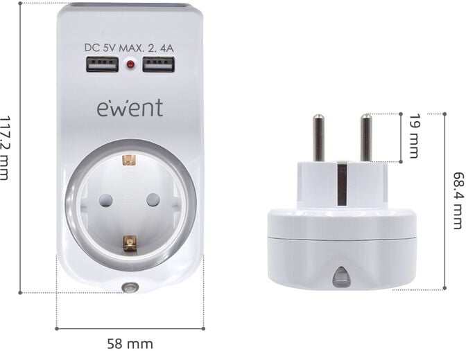 Carregador de Tomada Ewent USB 4 em 1 2.4A (12W) c/Shuko image number 2