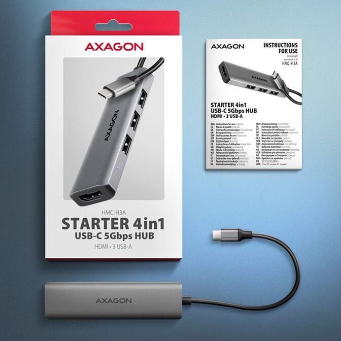 HUB AXAGON HMC-H3A 3x USB-A (2x USB2.0, 1x USB3.0) + HDMI 4K 30Hz, 3.2 Gen 1 , metal, 15cm USB-C cable image number 1