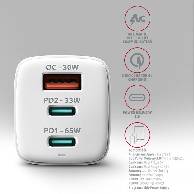 Carregador de parede AXAGON ACU-DPQ65, 3 portas (USB + USB-C duplo), PD3.0/QC4+/PPS/Apple, 65 W, Branco image number 2