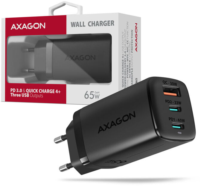 Carregador de parede AXAGON ACU-DPQ65, 3 portas (USB + USB-C duplo), PD3.0/QC4+/PPS/Apple, 65 W, Preto image number 3